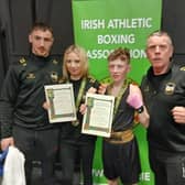 St Monica's BC coaches Jamie and Owen with Irish champions Kayla Harris and Joe 'Toke' McParland.