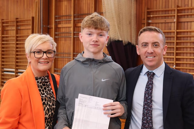 Mrs Blair, Matthew Blair with Vice Principal Mr Rodgers celebrate Matthew’s GCSE Results. INNR3426