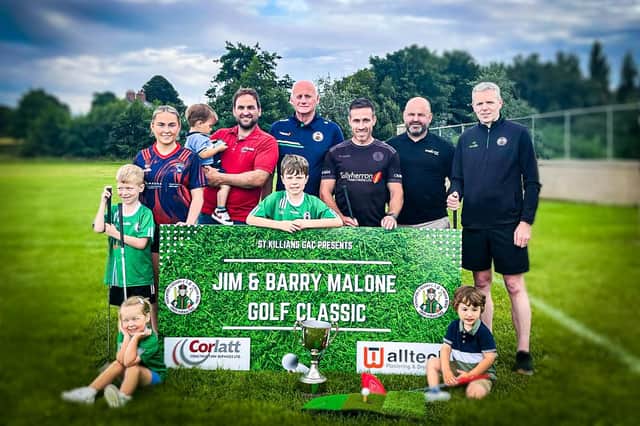 Launching the countdown to the inaugural Jim and Barry Malone Golf Classic on Saturday 23rd August 2025 at Ashfield Golf Course, Cullyhanna are l-r Ruby Murphy, St Killian’s GAC and Armagh Minors, Patrick and Rory Malone, Corlatt Construction Services Ltd, Kieran Shields, Chairman, St Killians GAC and Tullyherron Farm Feeds, Michael Malone, Walltech Drylining and Plastering, Shane Malone, Malcor Fitout Ltd, Brian McKeown, Treasurer, St Killian’s GAC. (Front) Logan, Ethan, Zola and Reilly Malone.