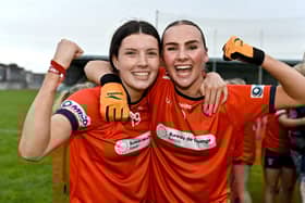 Molly McGurgan, left, and Emma Hart of Armagh after their side's victory in the LGFA All-Ireland U16 B Championship final. Pictures: Stephen Marken/Sportsfile