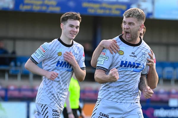 Newry City's Adam Salley celebrates his goal against Loughgall in October.