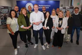 South Down Sinn Fein candidate Chris Hazzard, wins the seat with a vote of 19,698 at the UK general election count at South Lake Leisure Centre, Craigavon. Photo by Philip Magowan / Press Eye