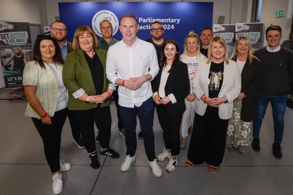 South Down Sinn Fein candidate Chris Hazzard, wins the seat with a vote of 19,698 at the UK general election count at South Lake Leisure Centre, Craigavon. Photo by Philip Magowan / Press Eye
