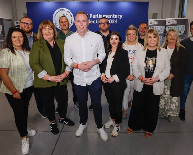 South Down Sinn Fein candidate Chris Hazzard, wins the seat with a vote of 19,698 at the UK general election count at South Lake Leisure Centre, Craigavon. Photo by Philip Magowan / Press Eye