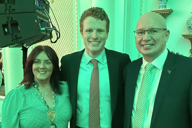 Edwina Flynn, President of Newry Chamber and Michael Savage, CEO of Newry Chamber with Joe Kennedy III, Special Economic Envoy for Northern Ireland at the Northern Ireland Bureau Networking Breakfast Event in Washington D.C.