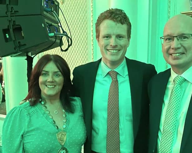 Edwina Flynn, President of Newry Chamber and Michael Savage, CEO of Newry Chamber with Joe Kennedy III, Special Economic Envoy for Northern Ireland at the Northern Ireland Bureau Networking Breakfast Event in Washington D.C.