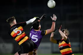 Midfield Rannafast cup action between Abbey CBS and St Mark's on Tuesday night at Pairc Esler Picture: Brendan Monaghan