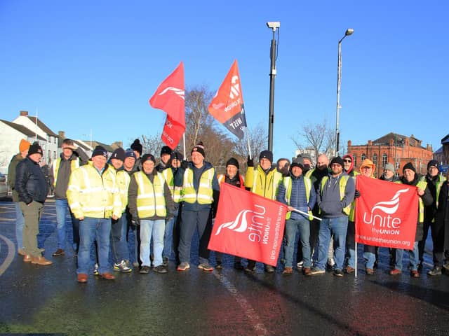 Translink workers who were on strike in Newry in January.