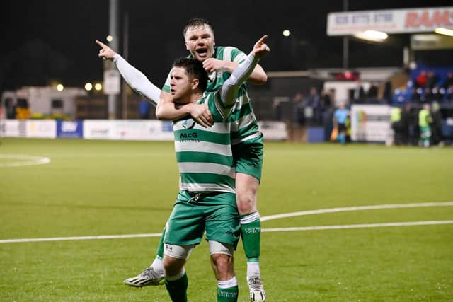 Cleary Celtic’s Neil Barr and Jack O’Doherty celebrate a Barr goal.
