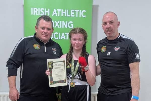 Elana Sheppard from Rathfriland ABC with proud dad and coach Christopher and Uncle Kevin coach after she claimed All-Ireland Gold in Dublin.