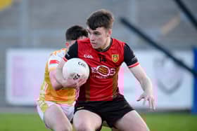 Ruaírí Madine, in action against Antrim, scored one of Down's two goals when they beat Fermanagh to the U20 Championship quarter-finals on Wednesday in Tempo.