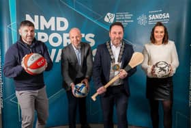 Launching the NMD Sports Awards are (from left) Ryan Flynn, NMDDC Sports Development Officer, Andrew Patterson, NMDDC Director of Active and Healthy Communities, Newry, Mourne and Down District Council Chairperson, Cllr Pete Byrne and Kerri McConnell, NMDDC Indoor Leisure.