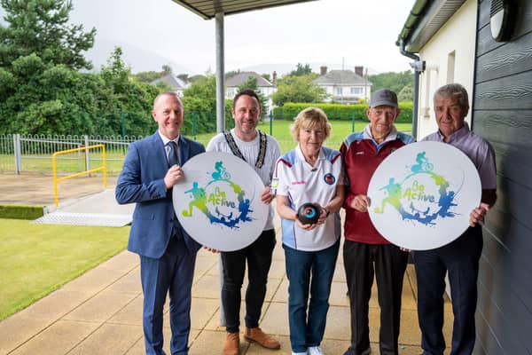 Left to Right: Cormac Galbraith, Head of Engaged Communities Group Support Office, Department for Communities pictured alongside Newry, Mourne and Down District Chairperson, Councillor Pete Byrne, Isabel Hamilton, Newcastle Ladies Bowling Club President, Eamon Lennon, Newcastle Bowling Club President and DJ Morgan Outdoor Leisure Officer.