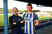 Newry City manager Barry Gray pictured with new signing Ryan McNickle.
