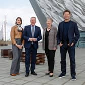 Pictured at the Tourism NI conference at Titanic Belfast are (L-R) Tourism Ireland CEO Alice Mansergh, Economy Minister Conor Murphy, Tourism NI Chair Ellvena Graham and TV presenter, architect and sustainability expert George Clarke.