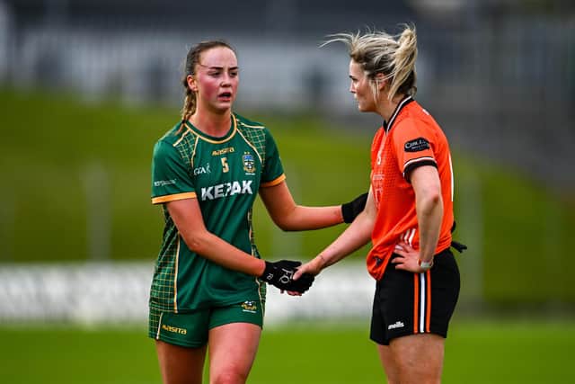 Aoibhín Cleary of Meath with Eve Lavery of Armagh after the TG4 All-Ireland Ladies Football Senior Championship Round 1 match between Meath and Armagh at Páirc Tailteann in Navan, Meath. Pic: Ben McShane/Sportsfile