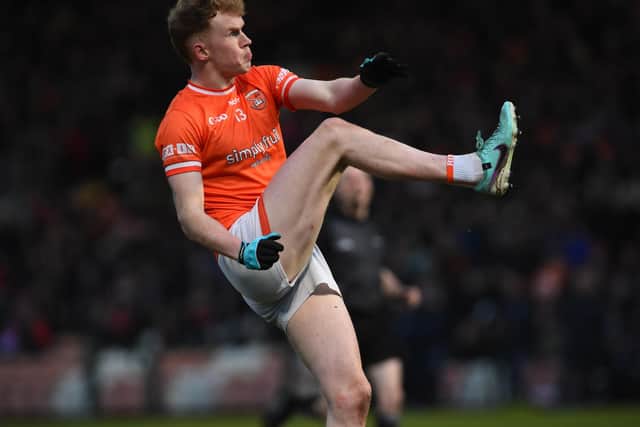 Armagh's Conor Turbitt watches his shot sail over the bar. Pic: John Merry