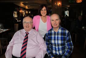 Supporting Cancer Research Big Breakfast Stepen Begley, Edwina Flynn President Newry Chamber of Commerce and Brian Morrow. INNR1241
