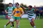 Harps midfielder James Kearns gets a shot away against RGU Downpatrick at Ballyholland when they met recently. Picture Brendan Monaghan BM03.jpg