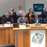Newry, Mourne and Down District Council celebrates securing £7.35million in PEACEPLUS funding for the development of its Co-Designed Local Authority Action Plan. Pictured front row (L-R) Councillor Philip Campbell, Councillor Cathal King, Councillor Terry Andrews PEACEPLUS Partnership Chairperson, Councillor Glyn Hanna. Back row (L-R), Theresa McLaverty Programmes Unit, Newry, Mourne and Down District Council, Elaine Carr, Programmes Unit, Newry, Mourne and Down District Council, Catherine Shipman SERC, Sarah McClory Programmes Unit, Newry, Mourne and Down District Council and Andy Hall Social Partner.