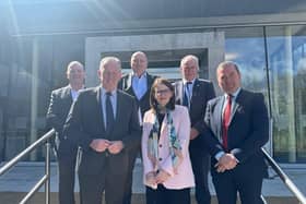 Pictured after meeting today at Castle Buildings, Belfast are (l-r) Patrick Nelson, CEO, Irish FA; Economy Minister Conor Murphy; Irish FA President Conrad Kirkwood; Finance Minister Caoimhe Archibald; Brian McAvoy, CEO and Provincial Secretary, Ulster GAA; and Stephen McGeehan, Head of Operations, Ulster GAA.