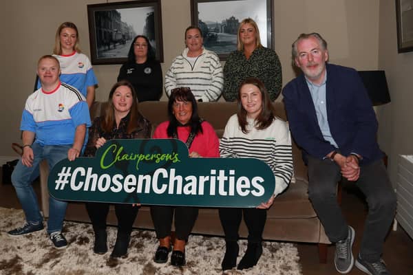 Newry, Mourne and Down Council Chairperson, Councillor Valerie Harte with her chosen charities. Back row (l-r) Emer Reilly, Leader in Charge, Down Right Brilliant; Jessica McMahan, Chairperson and Founder Member with Niamh Havern, Vice Chairperson, Well Lane Warriors; Paula Loughran, Parent with Sound Friends Society for Deaf Children. Front row (l-r) Fergal Gregory, Member, Down Right Brilliant; Stephanie Thompson, secretary, Sound Friends Society for Deaf Children; Council Chairperson Councillor Valerie Harte, Caroline Digney, Chairperson, Down Right Brilliant; and Manus Teague, Counsellor with LCCL & Pop Up Art.