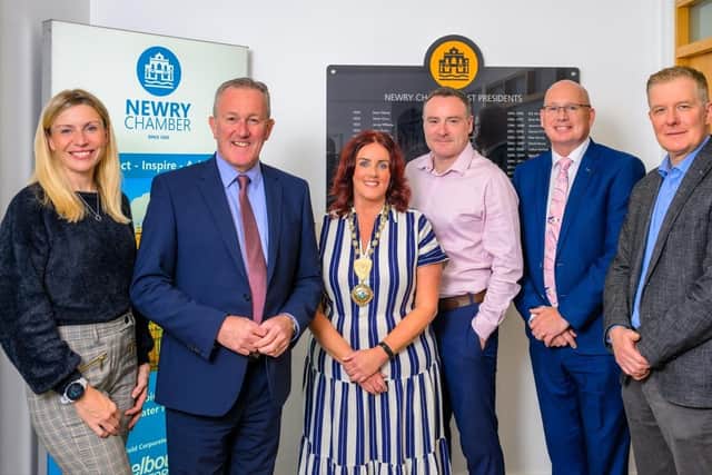 (L-R) Chamber Board Member, Deborah Loughran, Economy Minister, Conor Murphy MLA, Chamber President, Edwina Flynn, Chamber Vice President, Gary Digney, Chamber CEO, Michael Savage and Chamber Board Member, Dr Conor Patterson meet at the Chamber Offices in Newry to discuss the Minister’s Economic Vision for the Greater Newry Area.