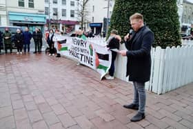 Cllr Cathal King speaking at a Palestinian solidarity rally.
