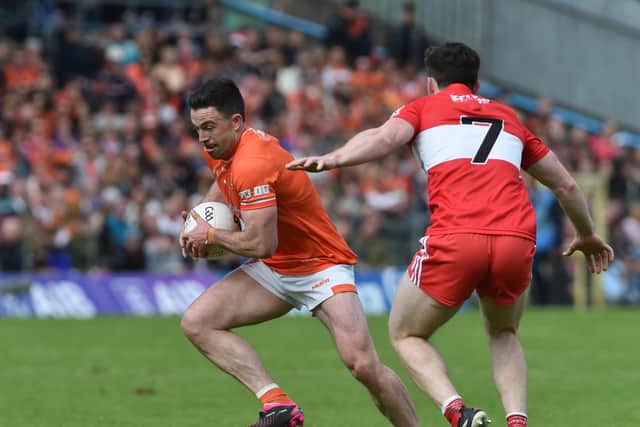 Armagh captain Aidan Forker pictured in action against Derry during the 2023 Ulster SFC Final. Pics: John Merry