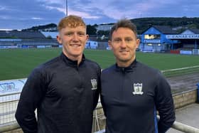 New Newry City signing Ryan Fearon pictured with Assistant Manager Ryan Moffatt.