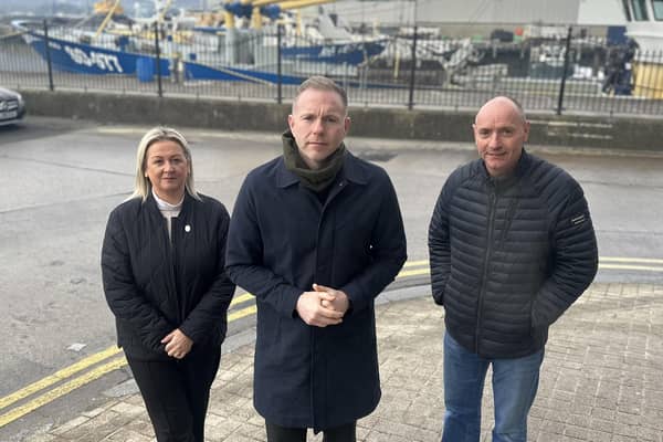 Sinead Ennis MLA, Chris Hazzard MP and Cllr Mickey Ruane at Warrenpoint Port.