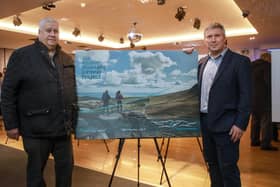Cllr Glyn Hanna (left) co-chair of the Mourne Mountains Gateway Project Programme Board and Michael Mitchell, Project Lead, Arup at a public engagement session for the Mourne Mountains Gateway Project at O’Hare’s, Newcastle on 7 November.