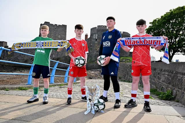 Kylan Morrison and Carter McAllister (Shankill Juniors) line up with Keagan O’Connor and Ronan Vernon (Cliftonville) ahead of the 2025 Budget Energy SuperCupNI. They’ll compete in a world-class Boys’ Minor Section featuring Leeds United and Blackburn Rovers, alongside top clubs from Northern Ireland, USA, Scotland, Bermuda and the UAE.