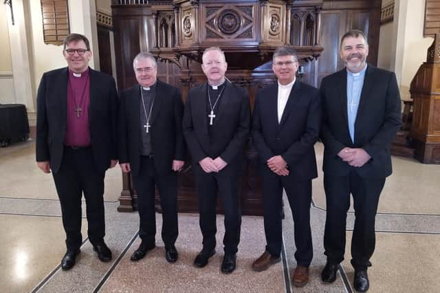 Bishop Andrew Forster, President of the Irish Council of Churches; Archbishop John McDowell, Church of Ireland Archbishop of Armagh & Primate of All Ireland; Archbishop Eamon Martin, Catholic Archbishop of Armagh & Primate of All Ireland; Rt Rev Dr Sam Mawhinney, Moderator of the General Assembly of the Presbyterian Church in Ireland; and, Rev David Turtle, President of the Methodist Church in Ireland.