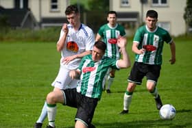 Orchard United’s Dillon Smyth (left) and Lisdrum Youth’s Ryan Burns (right) both scored for their respective teams on Saturday afternoon.