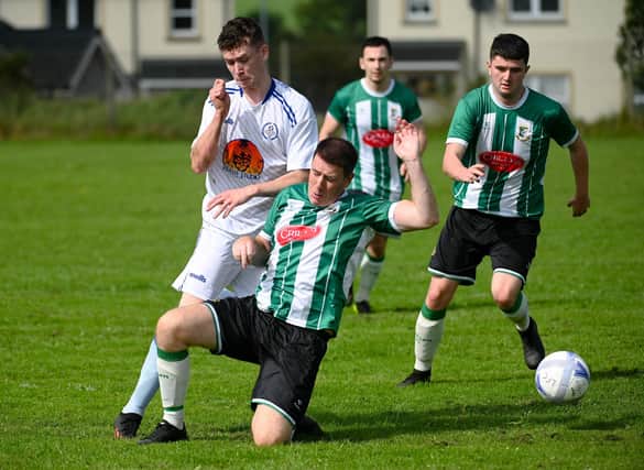 Orchard United’s Dillon Smyth (left) and Lisdrum Youth’s Ryan Burns (right) both scored for their respective teams on Saturday afternoon.