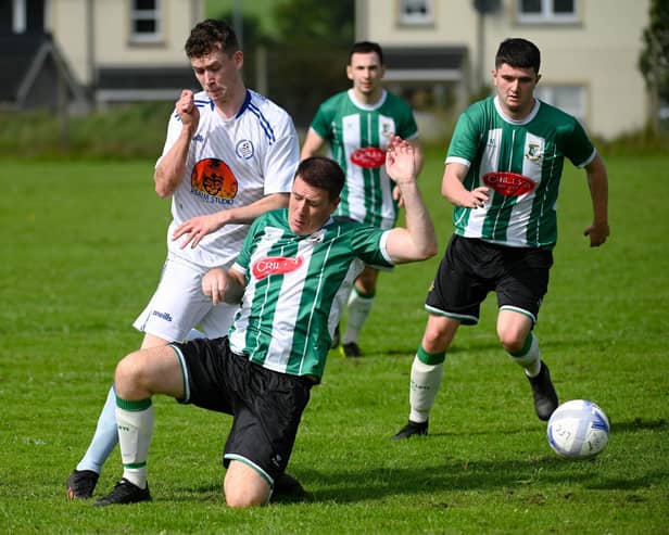 Orchard United’s Dillon Smyth (left) and Lisdrum Youth’s Ryan Burns (right) both scored for their respective teams on Saturday afternoon.