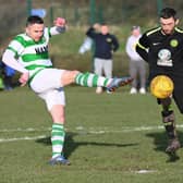 Newry Celtic’s Keith Johnston (left) scored twice as they picked up a valuable three points on Saturday.