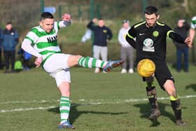 Newry Celtic’s Keith Johnston (left) scored twice as they picked up a valuable three points on Saturday.