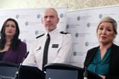Deputy First Minister Emma Little-Pengelly, PSNI ACC Davy Beck and First Minister Michelle O’Neill  hold a press conference at Parliament Buildings, Stormont, after a red weather warnings for wind was issued for Northern Ireland, ahead of Storm Éowyn. Picture by Jonathan Porter/PressEye
