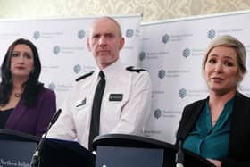 Deputy First Minister Emma Little-Pengelly, PSNI ACC Davy Beck and First Minister Michelle O’Neill  hold a press conference at Parliament Buildings, Stormont, after a red weather warnings for wind was issued for Northern Ireland, ahead of Storm Éowyn. Picture by Jonathan Porter/PressEye