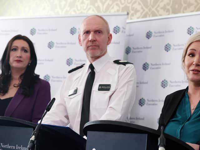 Deputy First Minister Emma Little-Pengelly, PSNI ACC Davy Beck and First Minister Michelle O’Neill  hold a press conference at Parliament Buildings, Stormont, after a red weather warnings for wind was issued for Northern Ireland, ahead of Storm Éowyn. Picture by Jonathan Porter/PressEye