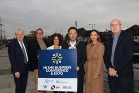 Launching the NI SME Business Conference & Expo 2024 to be held in the Canal Court on Thursday 14th November from 8 am to 2.30 pm  l-r  Brian Kearney Regional Chair Federation Small Businesses, Brian McLaughlin Partner/Development Manager IRP Commerce, Edwina Flynn President Newry Chamber Of Commerce, Councillor Pete Byrne Chairperson Newry, Mourne and Down Council, Tracy Rice Head of Business Engagement SRC and Michael Savage CEO Newry Chamber of Commerce. INNR4458