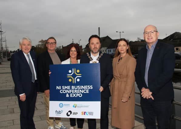 Launching the NI SME Business Conference & Expo 2024 to be held in the Canal Court on Thursday 14th November from 8 am to 2.30 pm l-r Brian Kearney Regional Chair Federation Small Businesses, Brian McLaughlin Partner/Development Manager IRP Commerce, Edwina Flynn President Newry Chamber Of Commerce, Councillor Pete Byrne Chairperson Newry, Mourne and Down Council, Tracy Rice Head of Business Engagement SRC and Michael Savage CEO Newry Chamber of Commerce. INNR4458