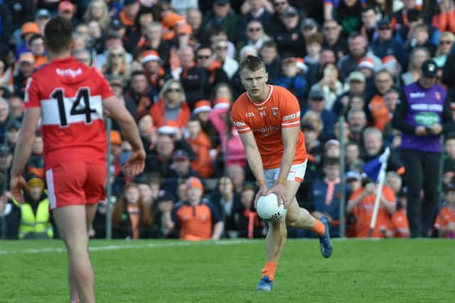 Rian O'Neill takes a shot at the posts against Derry in the 2023 Ulster SFC Final.