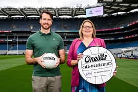ames Towell, financial controller, O'Neills, left, and LGFA president Trina Murray during the 2025 O’Neills All-Ireland Club 7s Announcement at Croke Park in Dublin. Pic: Ben McShane/Sportsfile