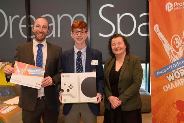 L to R: Billy Breen, Prodigy Learning, Director of Business Development; Arryn Lyness, St. Colman’s College, Newry; Barbara Whelan, Head of Education at Microsoft Ireland.