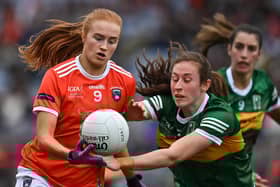 Blaithin Mackin of Armagh in action against Kayleigh Cronin of Kerry during the Lidl Ladies Football National League Division 2 Final between Armagh and Kerry at Croke Park in Dublin. Picture: Brendan Moran/Sportsfile