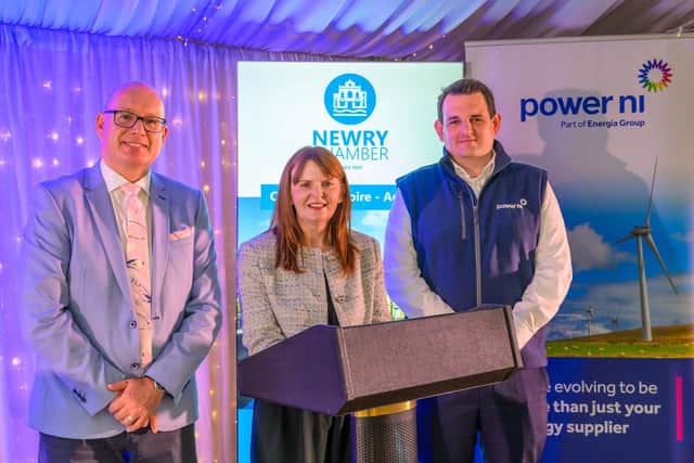 (L-R) Chamber CEO, Michael Savage, Economy Minister, Caoimhe Archibald MLA and Gary Sneddon, Key Account Manager at Event Sponsor, Power NI.