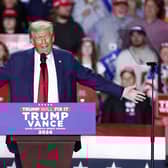 Donald Trump speaks during a campaign rally at Van Andel Arena in Grand Rapids, Michigan on November 5 2024.